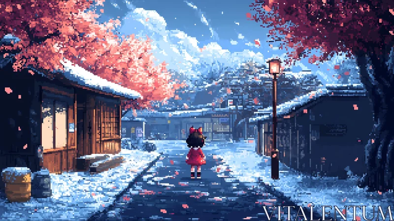 Pixel Art Anime Girl in Winter Village AI Image