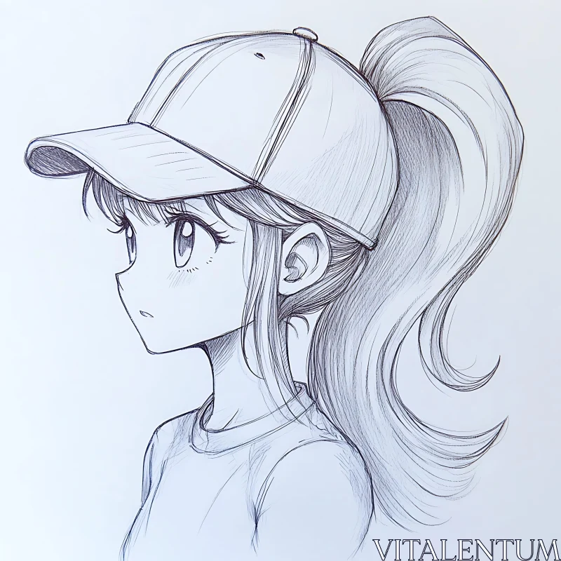 Side Profile Sketch of Anime Girl with Cap AI Image