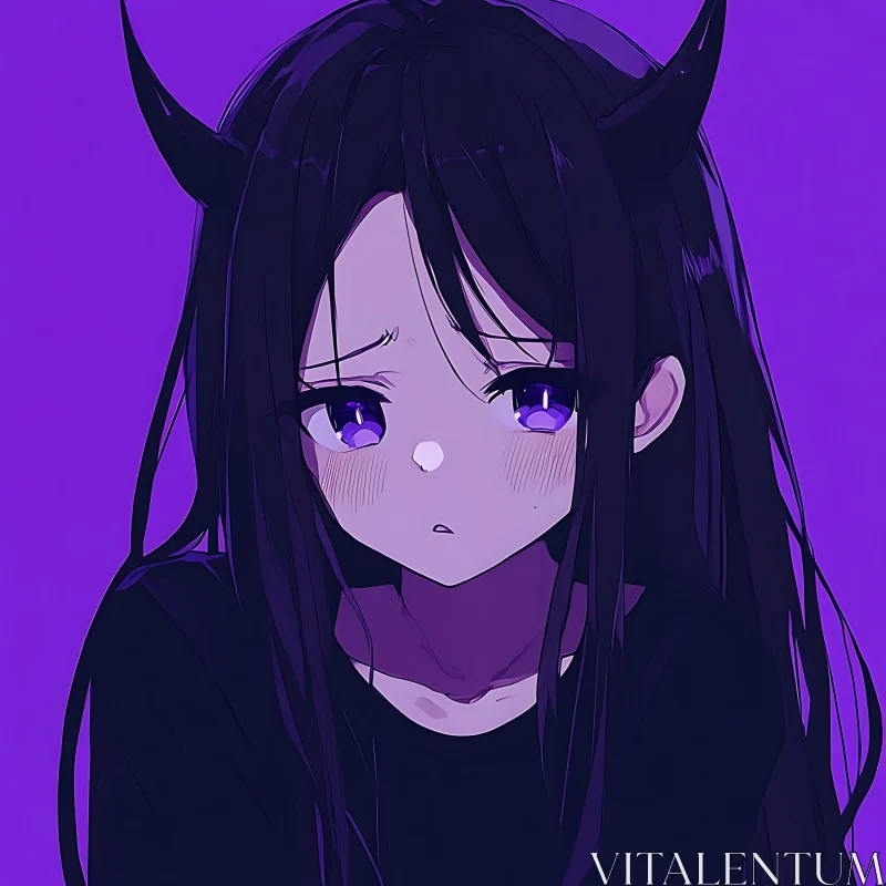 Melancholy Anime Girl with Dark Horns AI Image