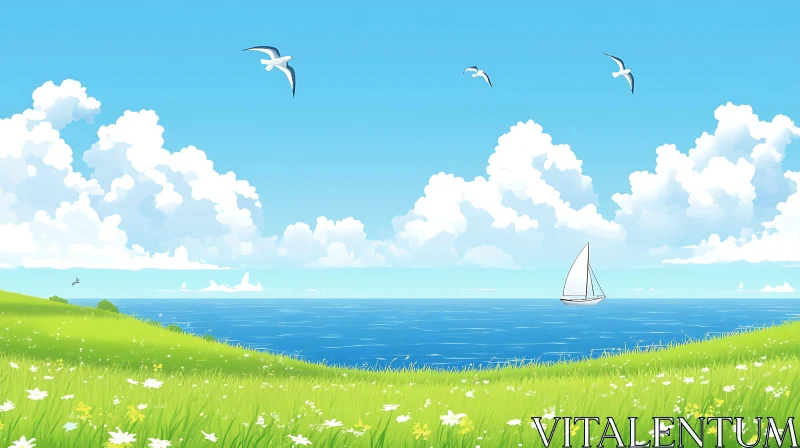 Coastal Scene with Birds and Boat AI Image