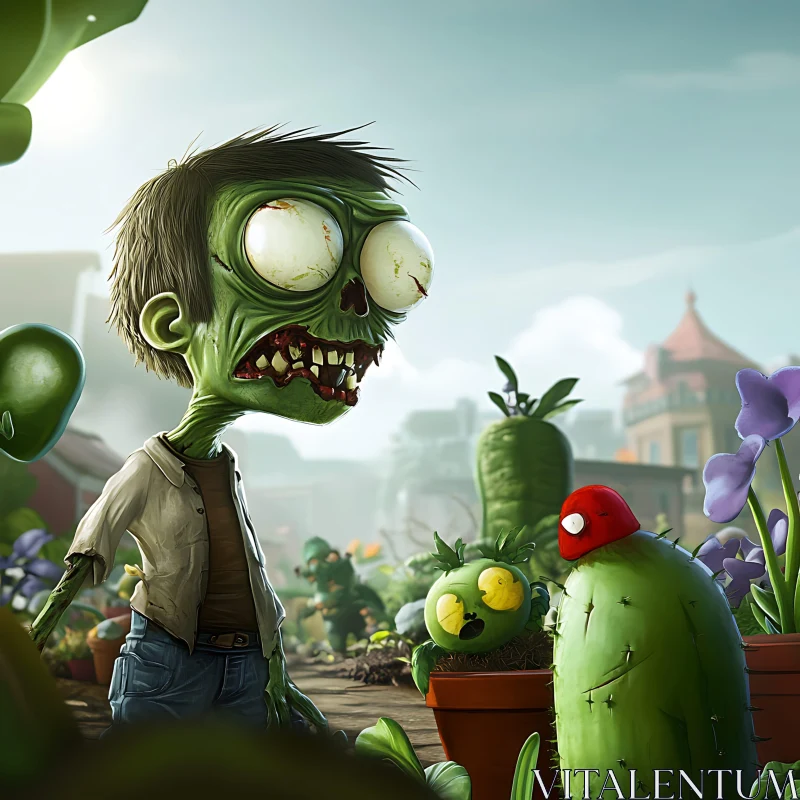 Cartoon Zombie and Cactus Friends AI Image