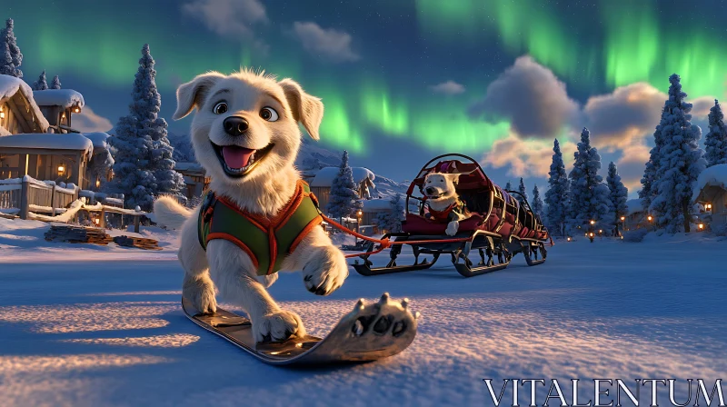 Happy Dogs Snowboarding at Night amidst Northern Lights AI Image