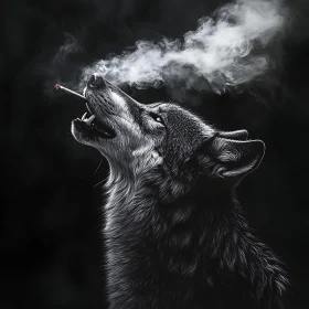 Wolf with Cigarette Exhaling Smoke