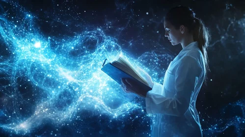 Woman Reading Glowing Book of Science