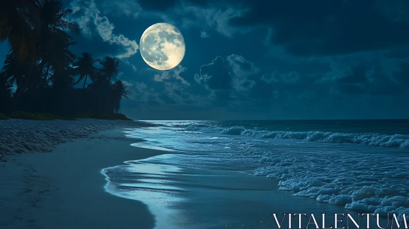 Nighttime Beach Scene with Full Moon AI Image