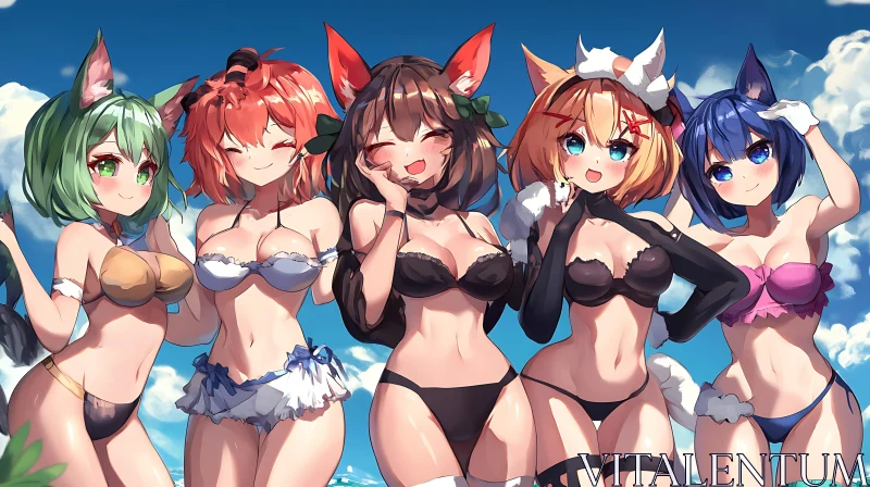 AI ART Kawaii Anime Girls at the Beach in Stylish Swimwear