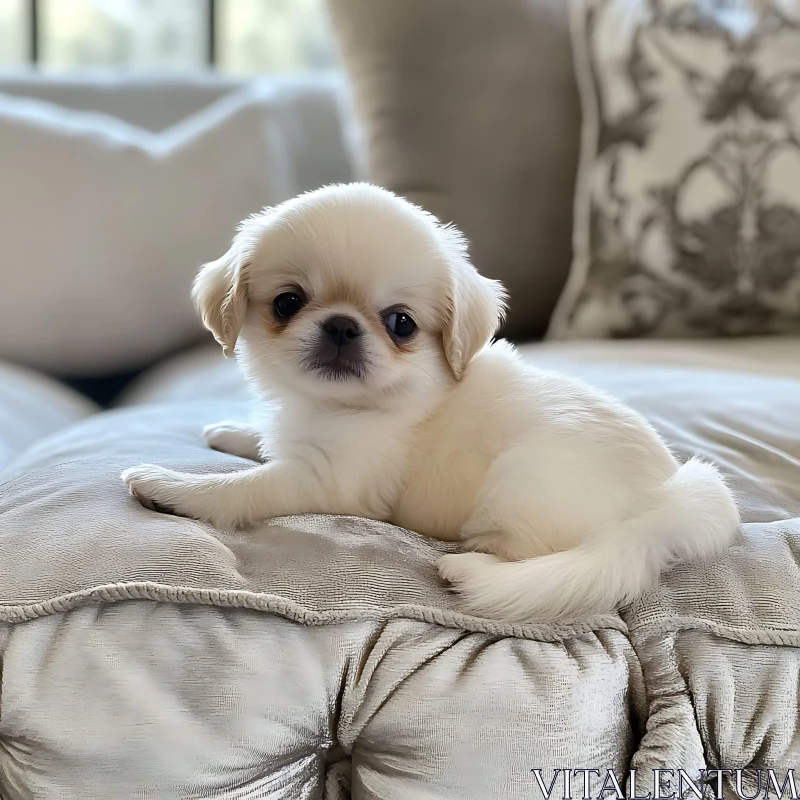 Cute Puppy Resting on a Soft Beige Cushion AI Image