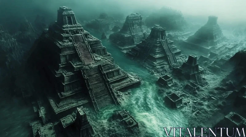 AI ART Submerged Ancient Pyramids in Misty Waters