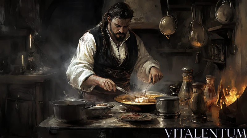 Man Cooking in Rustic Kitchen Painting AI Image