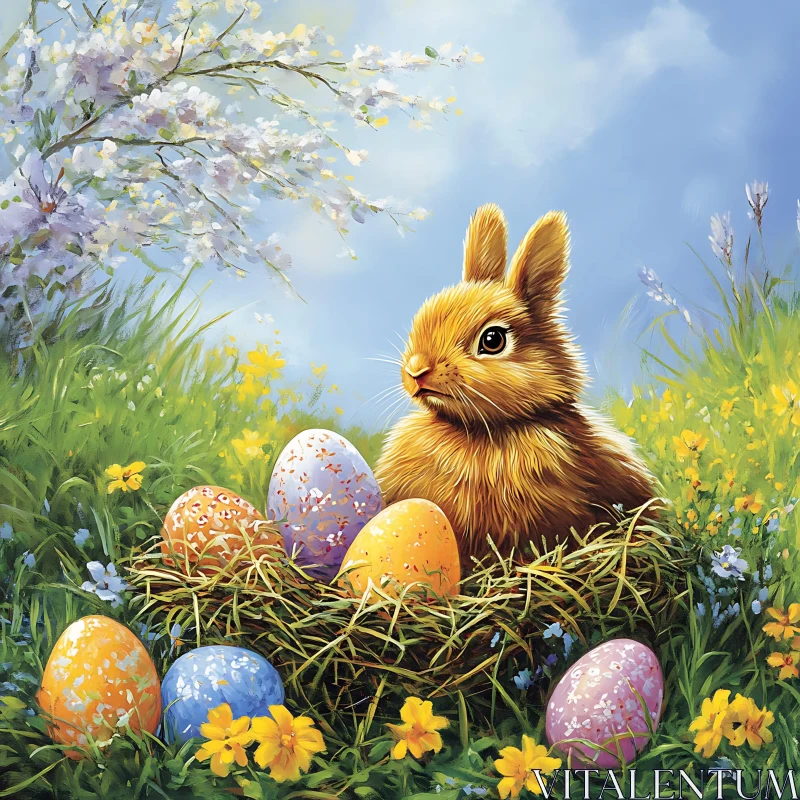 Golden Bunny's Easter Egg Meadow AI Image