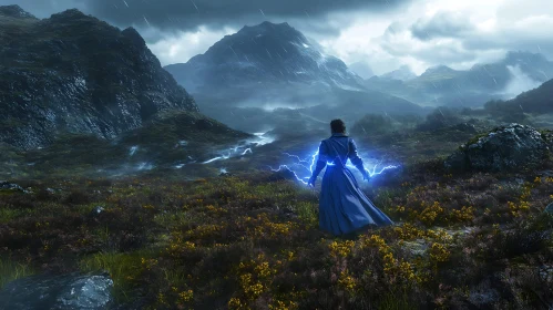 Woman with Lightning in Mountainous Terrain