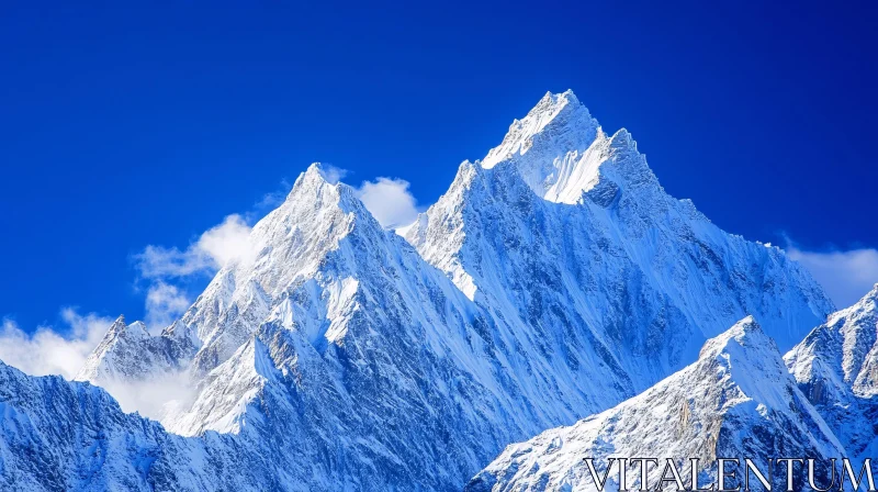 Snowy Mountain Peaks Against a Blue Sky AI Image