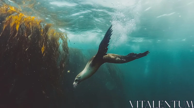 Underwater Sea Lion with Kelp Forest AI Image