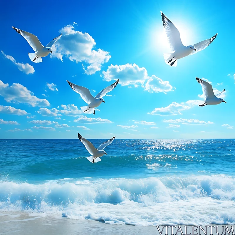 Seagulls in Flight Above the Sea AI Image