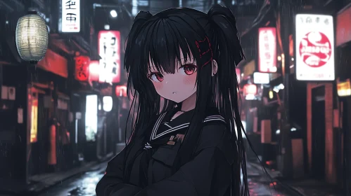 Melancholic Anime Girl in Nighttime Rain