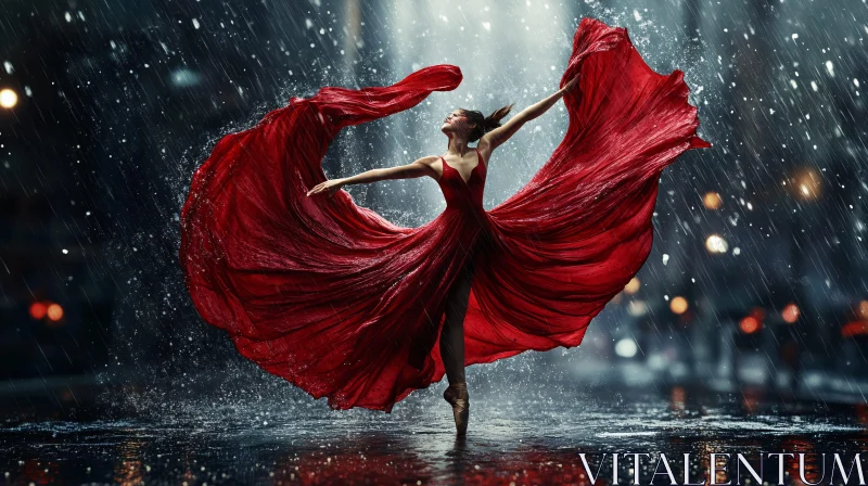 Graceful Dance in Red Dress Under Rain AI Image