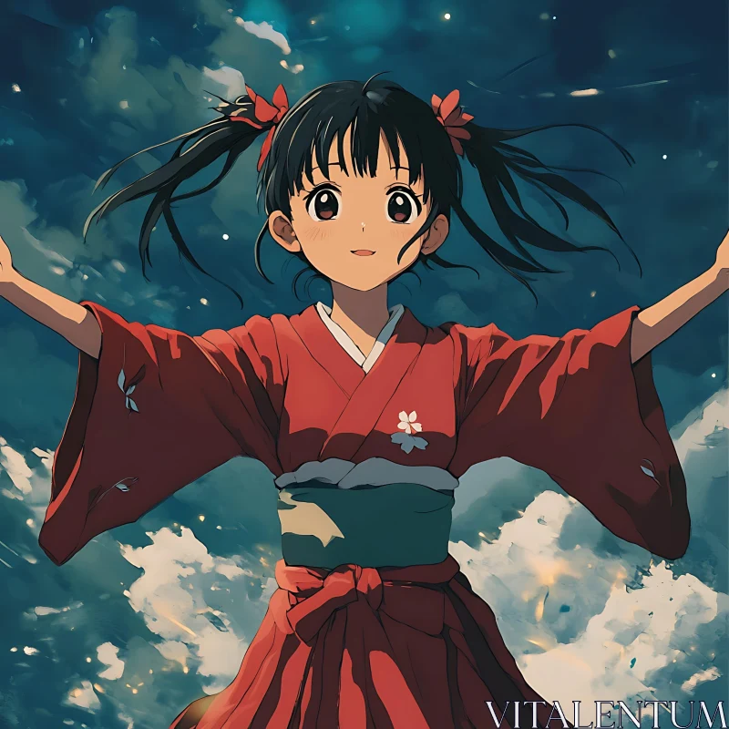 Joyful Anime Girl in Traditional Outfit in Cloudy Sky AI Image