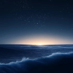 Night Ocean View with Stars and Waves