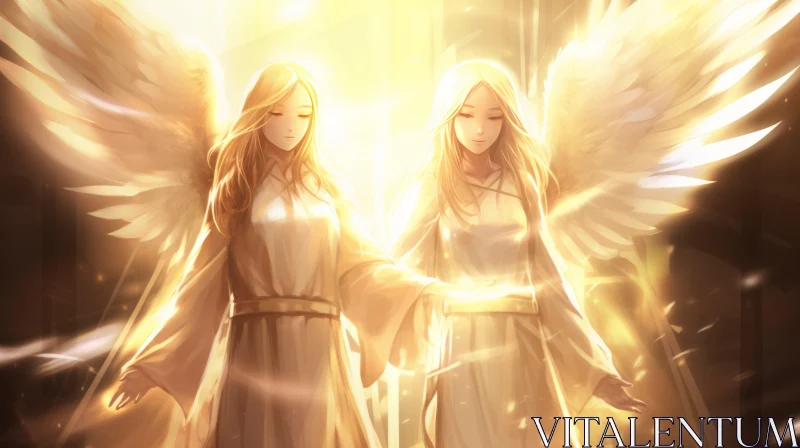 Anime-inspired Angelic Figures Illuminated in Golden Light AI Image