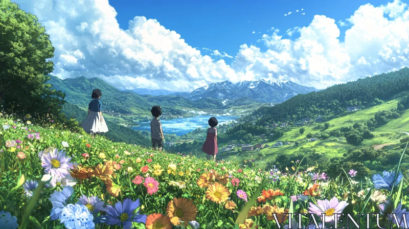 AI ART Children in a Scenic Flower-Filled Meadow