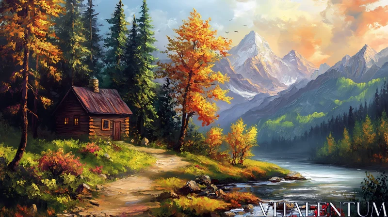 Riverside Cabin in the Mountains Artwork AI Image