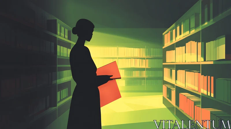 AI ART Silhouette of Woman Reading Book in Library