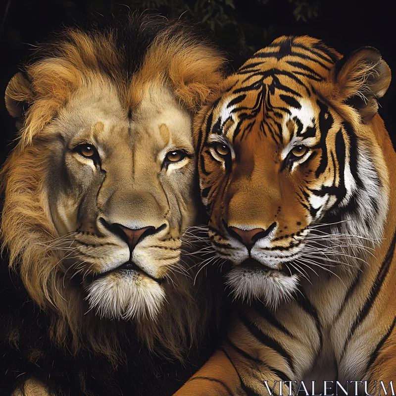 Close-Up of Lion and Tiger Together AI Image