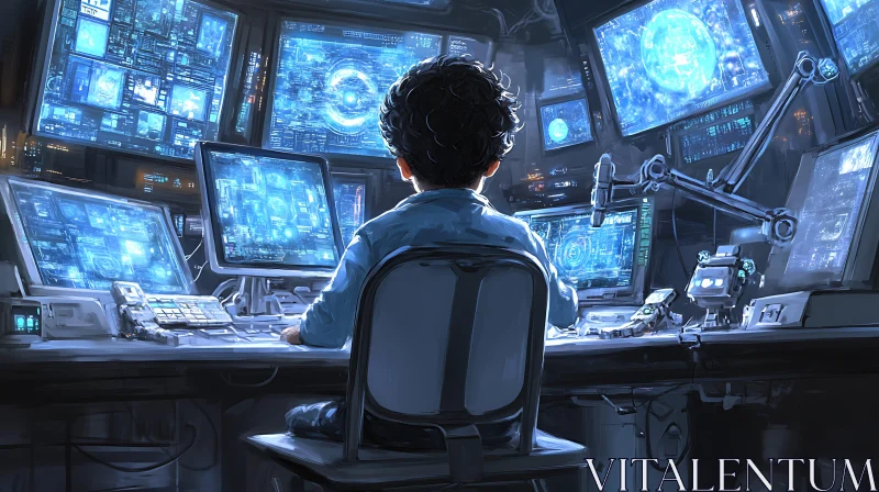 Boy Hacker Surrounded by Screens AI Image