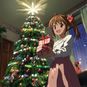 Festive Anime Scene with Girl and Christmas Tree