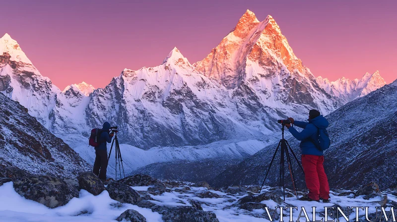 Photographers capturing mountain sunrise AI Image