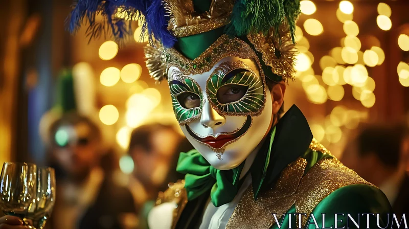 Mysterious Masquerade Character in Green and Gold AI Image