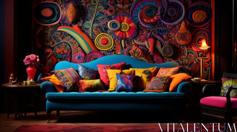 Handcrafted Blue Couch Against a Colorful Wall: An Interior Inspired by Folklore AI Image