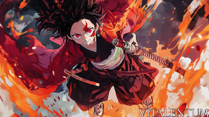 Fiery Anime Warrior in Action AI Image