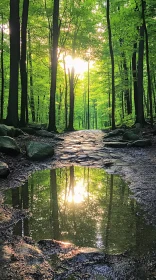 Serene Forest Path with Sunlight and Reflection