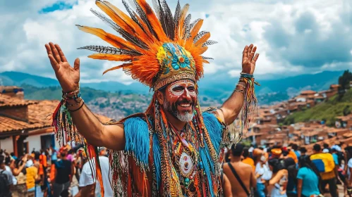 Man Celebrating with Feathered Headdress