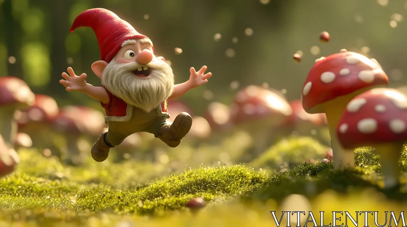 Happy Gnome Among Mushrooms AI Image