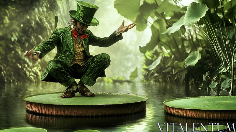 Green Leprechaun Pond Serenity AI Image