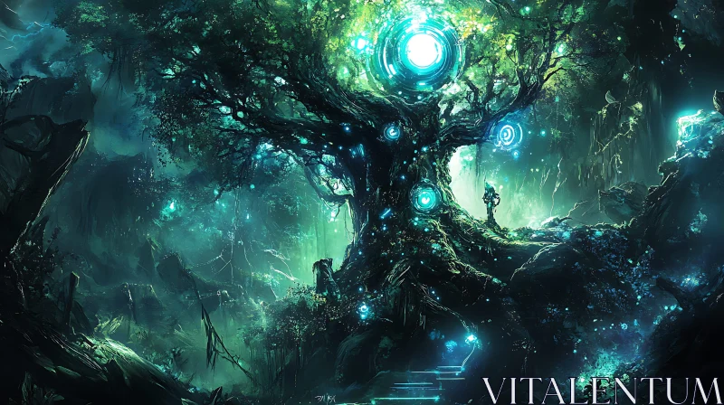 Mystical Glowing Tree in Fantasy Forest AI Image