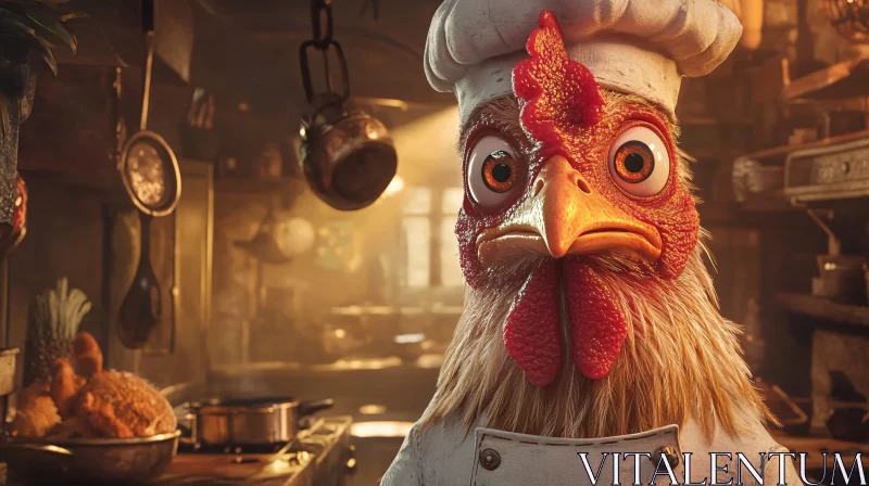 Cartoon Chicken Chef in a Cozy Kitchen Setup AI Image