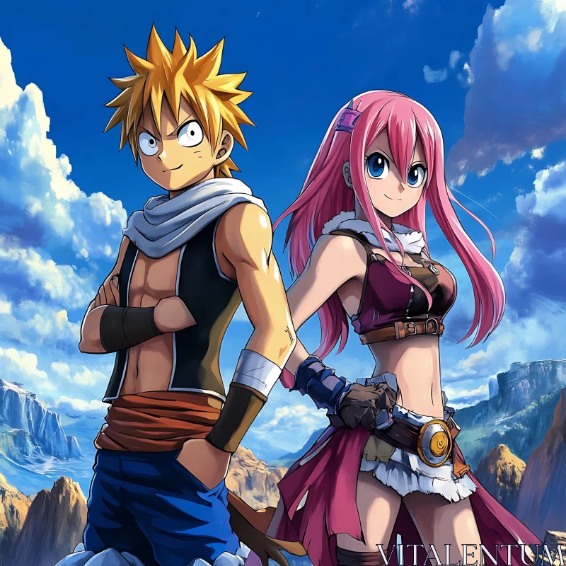 Fantasy Anime Duo with Mountain Backdrop AI Image