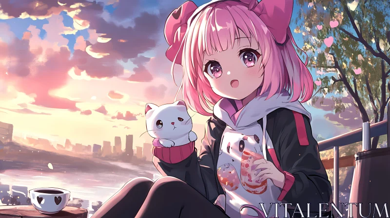 AI ART Whimsical Anime Scene with Pink-haired Girl and Cat