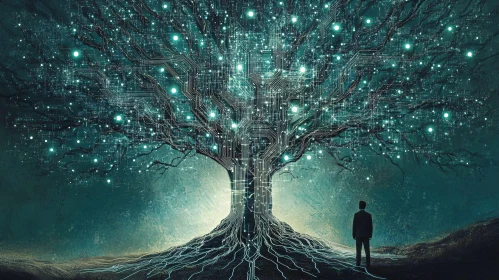 Circuit Board Tree with Man Contemplating