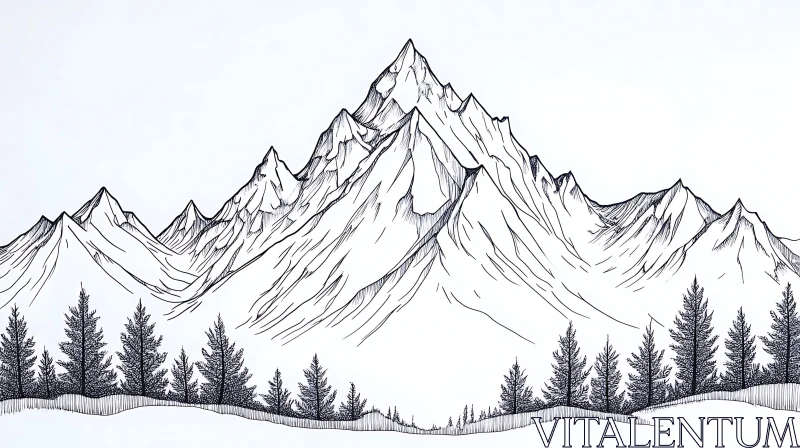 Monochrome Mountain Range with Pine Trees AI Image