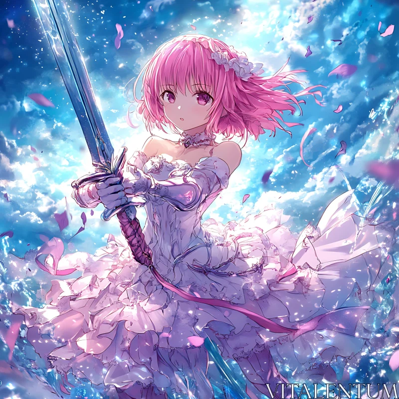 Pink-Haired Anime Character in White Dress with Sword AI Image