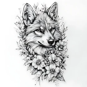 Wolf Head with Flowers Drawing