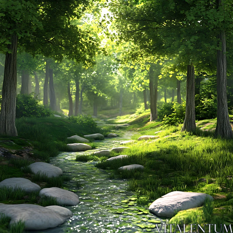 Tranquil Forest with Gentle Stream AI Image