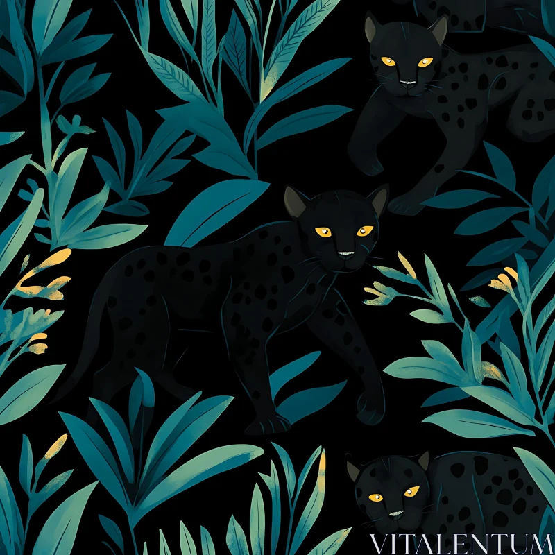 Black Panthers and Teal Foliage AI Image