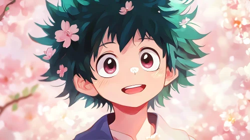 Joyful Anime Character Amid Spring Blossoms