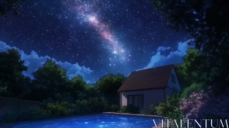 Tranquil Night Scene with Milky Way and Pool Reflection AI Image