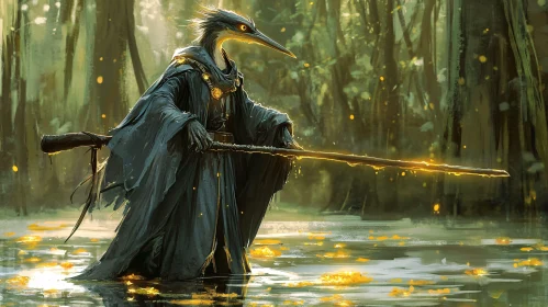 Enigmatic Heron Figure with Glowing Staff